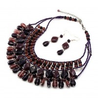 Necklace & Earrings Set – 12 Glass Bead Drape Necklace & Earrings Set - Purple Colors - NE-INE3516PURP