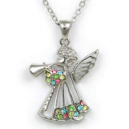 Necklace – 12 PCS Rhinestone Angel Charms Necklaces - Multi- NE-JN4331MT