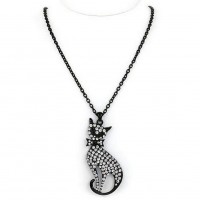 Necklace – 12 PCS Rhinestone Kitty w/ Bow Charms Necklaces - Black - NE-JN4422BK