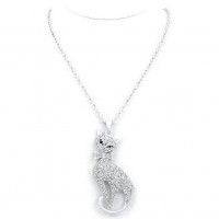 Necklace – 12 PCS Rhinestone Kitty w/ Bow Charms Necklaces - White -NE-JN4422WH