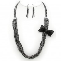 Necklace & Earrings Set – 12 Multi Chain w/ Mesh Bow Necklace & Earrings Set - Hematite - NE-KF0014HM