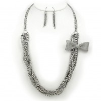 Necklace & Earrings Set – 12 Multi Chain w/ Mesh Bow Necklace & Earrings Set - Hematite - NE-KF0014RH