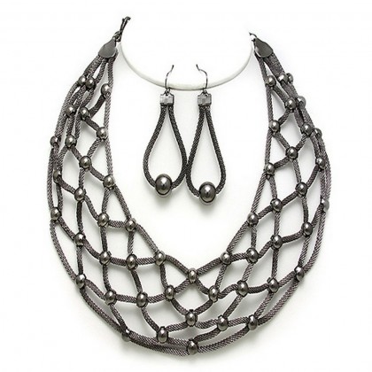 Necklace & Earrings Set – 12 Mesh Net BIB Accent w/ Pearl Like Necklace & Earrings Set - Hematite - NE-MCN152HEMA