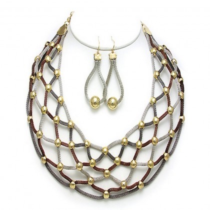 Necklace & Earrings Set – 12 Mesh Net BIB Accent w/ Pearl Like Necklace & Earrings Set - Multi Colors - NE-MCN152MT