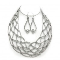 Necklace & Earrings Set – 12 Mesh Net BIB Accent w/ Pearl Like Necklace & Earrings Set - Rhodium - NE-MCN152RH