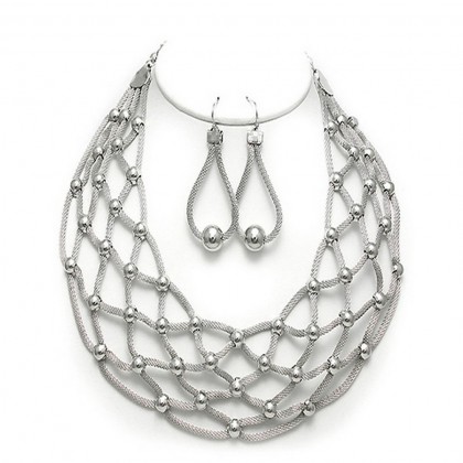 Necklace & Earrings Set – 12 Mesh Net BIB Accent w/ Pearl Like Necklace & Earrings Set - Rhodium - NE-MCN152RH