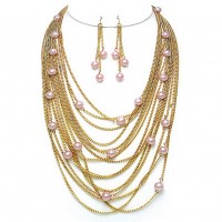 Necklace & Earrings Set – 12 Multi Chains w/ Pearl Like Beads Necklace & Earrings Set - Gold - NE-MCN260GPPK