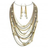 Necklace & Earrings Set – 12 Multi Chains w/ Pearl Like Beads Necklace & Earrings Set - Multi  Colors- NE-MCN260MTCR
