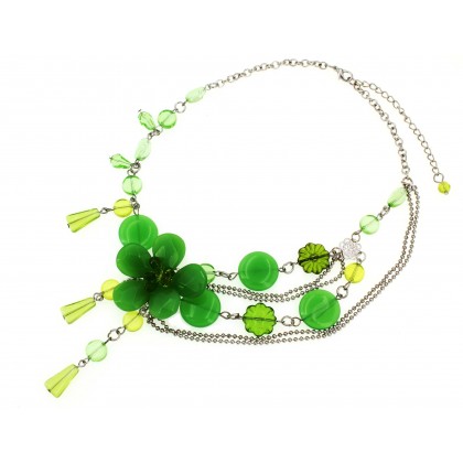 Necklace – 12 PCS Multi Chain Acrylic Beaded Flower - Green - NE-MN0909GN