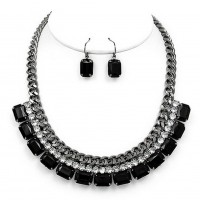 Necklace & Earrings Set – 12 Metal Chain Strand w/ 2-Row Rhinestone Layer Necklace & Earrings Set - Hematite - NE-MS1116BN