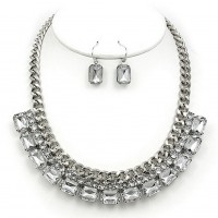 Necklace & Earrings Set – 12 Metal Chain Strand w/ 2-Row Rhinestone Layer Necklace & Earrings Set - Hematite - NE-MS1116RH