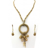 Necklace & Earrings Set – 12 Faux Suede O-Ring W/ Dangle Beads Necklace & Earrings Set -  Gold Tone - NE-MS3464G