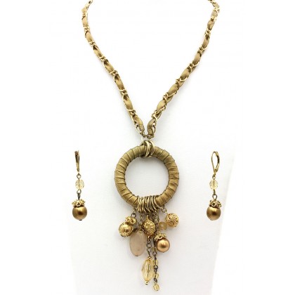 Necklace & Earrings Set – 12 Faux Suede O-Ring W/ Dangle Beads Necklace & Earrings Set -  Gold Tone - NE-MS3464G