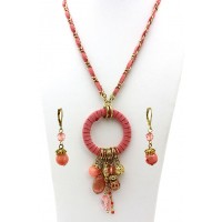 Necklace & Earrings Set – 12 Faux Suede O-Ring W/ Dangle Beads Necklace & Earrings Set - Coral - NE-MS3464GCR