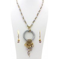 Necklace & Earrings Set – 12 Faux Suede O-Ring W/ Dangle Beads Necklace & Earrings Set - Silver - NE-MS3464S
