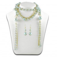 Necklace & Earrings Set – 12 Multi Chain Pearl w/ Small Oval Links NE+ER Set - Blue - NE-N1387BL