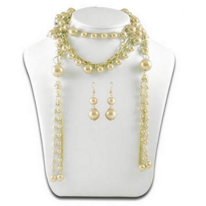 Necklace & Earrings Set – 12 Multi Chain Pearl w/ Small Oval Links NE+ER Set - Gold - NE-N1387GD