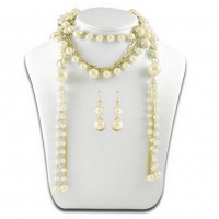 Necklace & Earrings Set – 12 Multi Chain Pearl w/ Small Oval Links NE+ER Set - Natural - NE-N1387NT