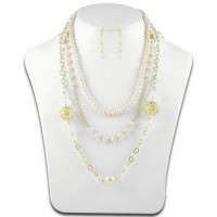 Necklace & Earrings Set – 12 Multi Chain Pearl w/ Big Carved Metal Beads NE+ER Set - Natural - NE-N1388NT