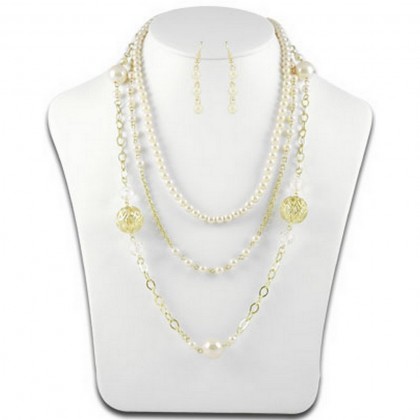 Necklace & Earrings Set – 12 Multi Chain Pearl w/ Big Carved Metal Beads NE+ER Set - Natural - NE-N1388NT