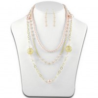 Necklace & Earrings Set – 12 Multi Chain Pearl w/ Big Carved Metal Beads NE+ER Set - Pink - NE-N1388PK
