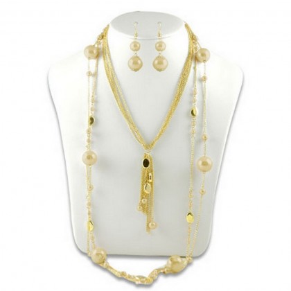 Necklace & Earrings Set – 12 Multi Chain Beaded w/ Big Pearl NE+ER Set - Gold - NE-N1389GD