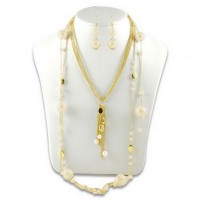 Necklace & Earrings Set – 12 Multi Chain Beaded w/ Big Pearl NE+ER Set - Natural - NE-N1389NT