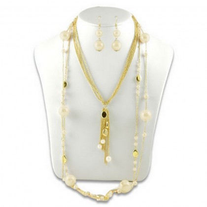 Necklace & Earrings Set – 12 Multi Chain Beaded w/ Big Pearl NE+ER Set - Natural - NE-N1389NT