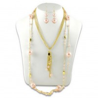 Necklace & Earrings Set – 12 Multi Chain Beaded w/ Big Pearl NE+ER Set - Pink - NE-N1389PK