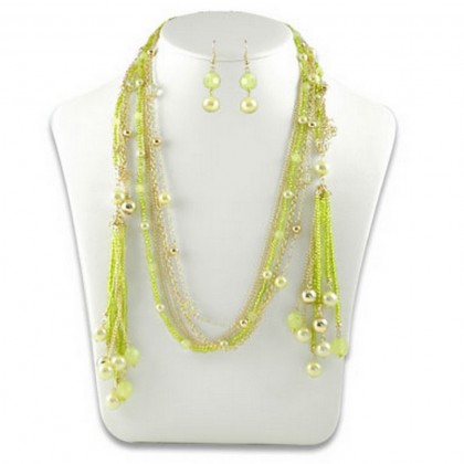 Necklace & Earrings Set – 12 Multi Chain Pearl and Beads NE+ER Set - Green - NE-N1390GN