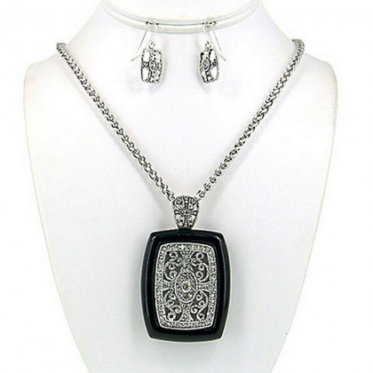 Necklace & Earrings Set – 12 Filigree Square Charm Necklace & Earrings Set w/ Clear Rhinestones - NE-OS01640ASJET