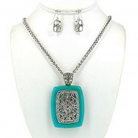 Necklace & Earrings Set – 12 Filigree Square Charm Necklace & Earrings Set w/ Clear Rhinestones - NE-OS01640ASTQS