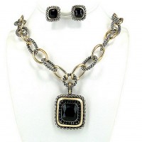 Necklace & Earrings Set – 12 Casting Rhinestone Necklace & Earrings Set w/ Paved Square Charm - NE-OS01720TTJET