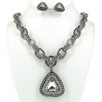 Necklace & Earrings Set – 12 Casting Rhinestone Necklace & Earrings Set w/ Paved Triangle Charm - NE-OS01723RDCRY
