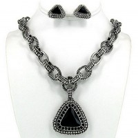 Necklace & Earrings Set – 12 Casting Rhinestone Necklace & Earrings Set w/ Paved Triangle Charm - NE-OS01723RDJET