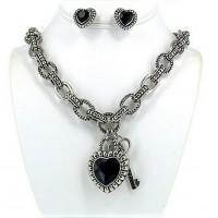 Necklace & Earrings Set – 12 Casting Rhinestone Necklace & Earrings Set w/ Paved Heart Charm - NE-OS01725RDJET 