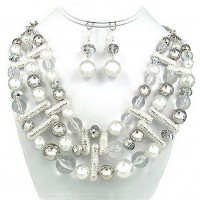 Necklace & Earrings Set – 12 Faux Peal Necklace & Earrings Set w/ Texture Bars - NE-OS01911WSPRL