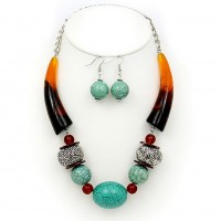 Necklace & Earrings Set – 12 Turquoise Stones w/ Faux Amber Horn Shape Charms - NE-PNE1473TL-BRW