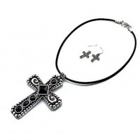 Necklace & Earrings Set – 12 Cross Charm Necklace & Earrings Set - Casting Cross Charm w/ Black  - NE-QNE7520BK