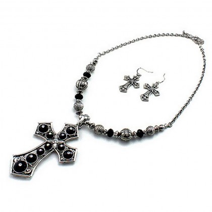 Necklace & Earrings Set – 12 Cross Charm Necklace & Earrings Set - Antique Rhodium Coating Cross  - NE-QNE7527ARBK