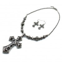 Necklace & Earrings Set – 12 Cross Charm Necklace & Earrings Set - Antique Rhodium Coating Cross  - NE-QNE7527ARRH