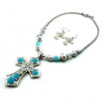Necklace & Earrings Set – 12 Cross Charm Necklace & Earrings Set - Antique Rhodium Coating Cross - NE-QNE7527MSBL