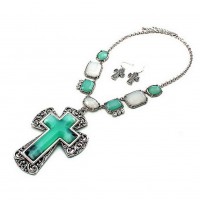 Necklace & Earrings Set – 12 Cross Charm Necklace & Earrings Set - Casting Cross Charm w/ Genuine Stones  - NE-QNE7727ARTQ