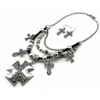 Necklace & Earrings Set – 12 Cross Charm Necklace & Earrings Set - Casting Multi Cross Charms - NE-QNE7900SB