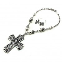 Necklace & Earrings Set – 12 Cross Charm Necklace & Earrings Set - Casting Cross Charm w/ Clear - NE-QNE7907SBCL
