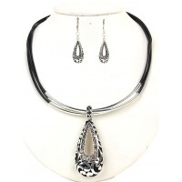 Necklace & Earrings Set – 12 Western Style Teardrop Charm w/ Rhinestones Necklaces & Earring Set w/ Whipped Strap - 16'' - NE-S6703LASCY