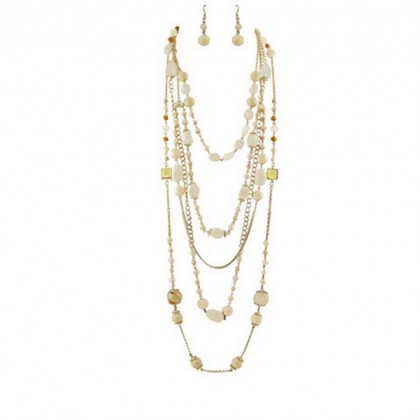 Necklace & Earrings Set – 12 Multi Gold Chain Faux Stone Necklace + Earrings Set: Ivory Color - NE-SMS3006A