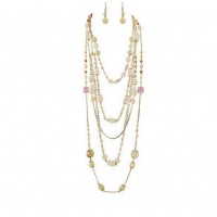 Necklace & Earrings Set – 12 Multi Gold Chain Faux Stone Necklace + Earrings Set - Pink Color - NE-SMS3006D 