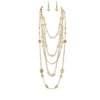 Necklace & Earrings Set – 12 Multi Gold Chain Faux Stone Necklace + Earrings Set: Coral Color - NE-SMS3006H