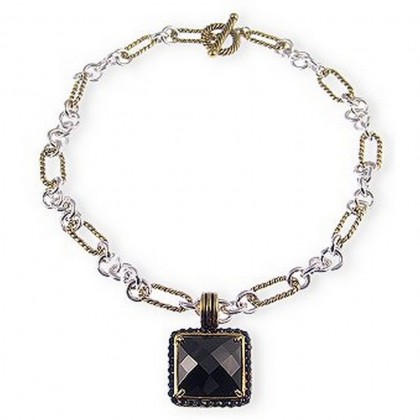 Necklace – 12 PCS DY Inspired Two-tone w/ CZ Square Charm Necklace - Black - NE-SN8730SGBK